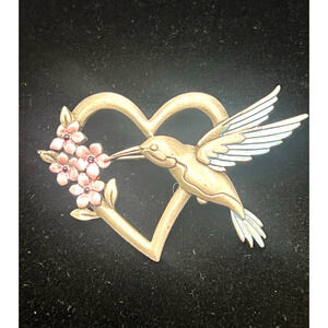 "JJ" Jonette Jewelry Silver Pewter Enamel Flower HUMMINGBIRD Brooch Pin